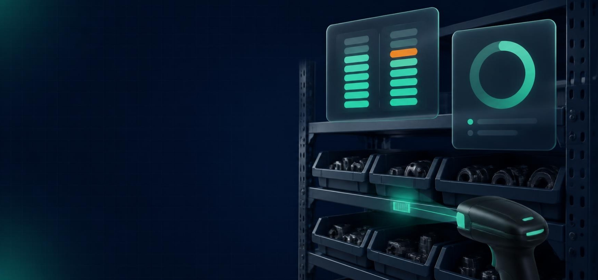 Inventory accuracy in manufacturing: barcode scanner reading a component bin on a storage rack, with floating stock-count cards