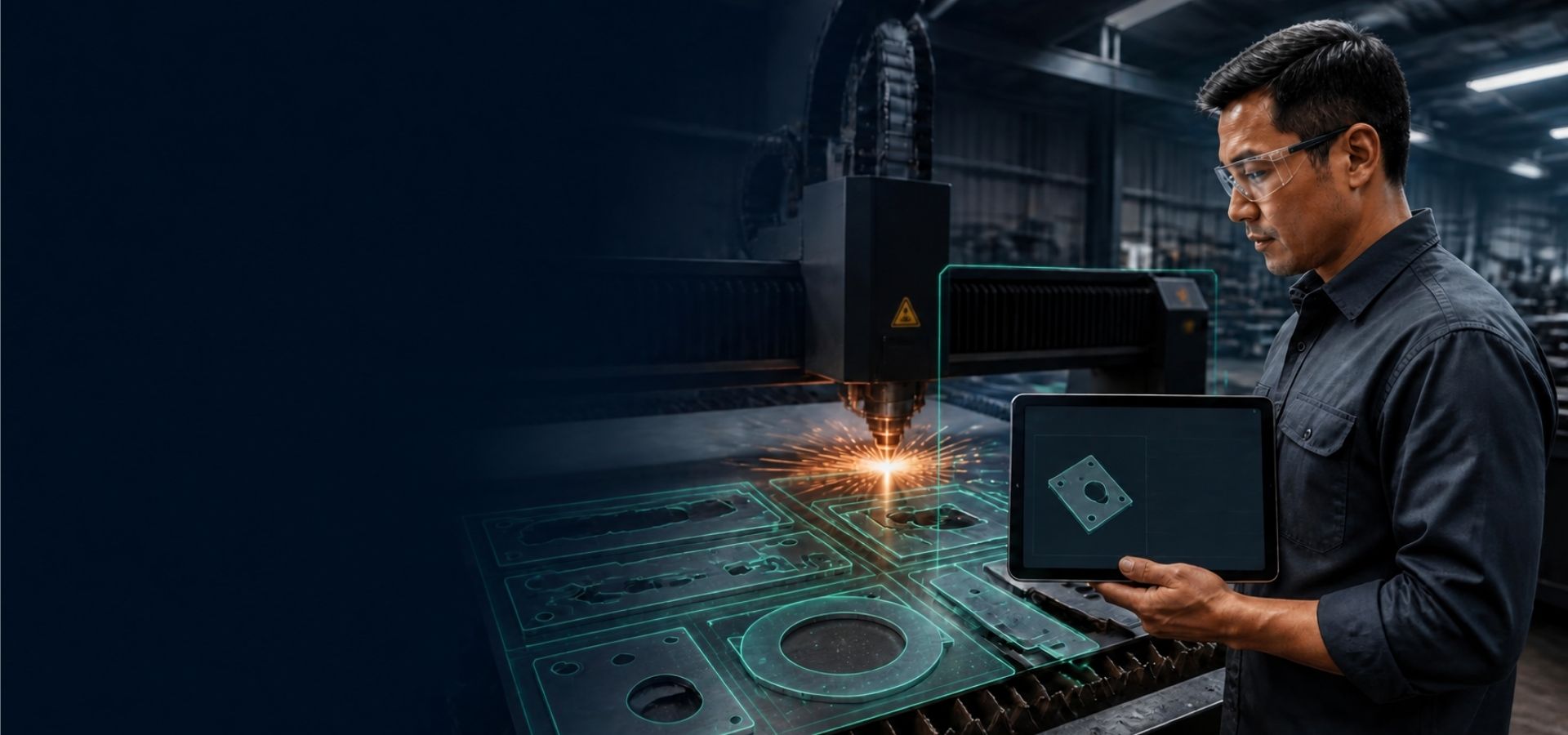 Estimator reviewing a metal fabrication ERP quote on a tablet beside a laser cutting machine